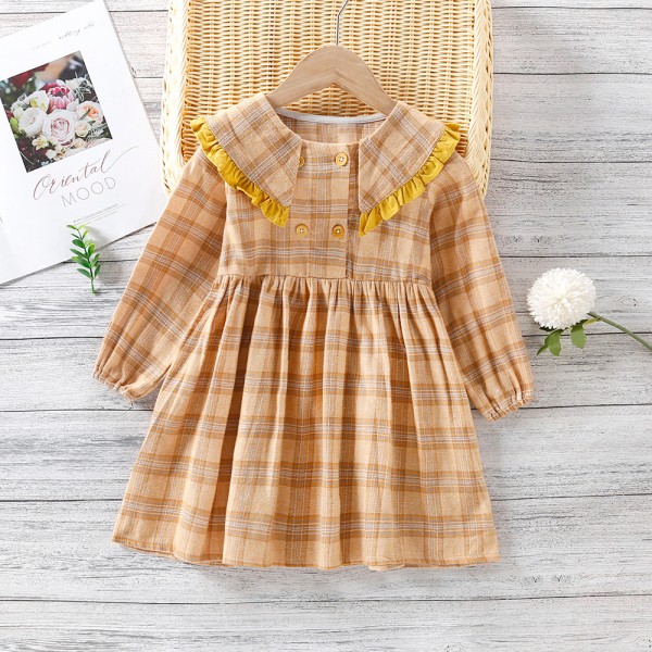 EW foreign trade children's wear: new autumn girls' big Lapel Long Sleeve Plaid Dress q503-537