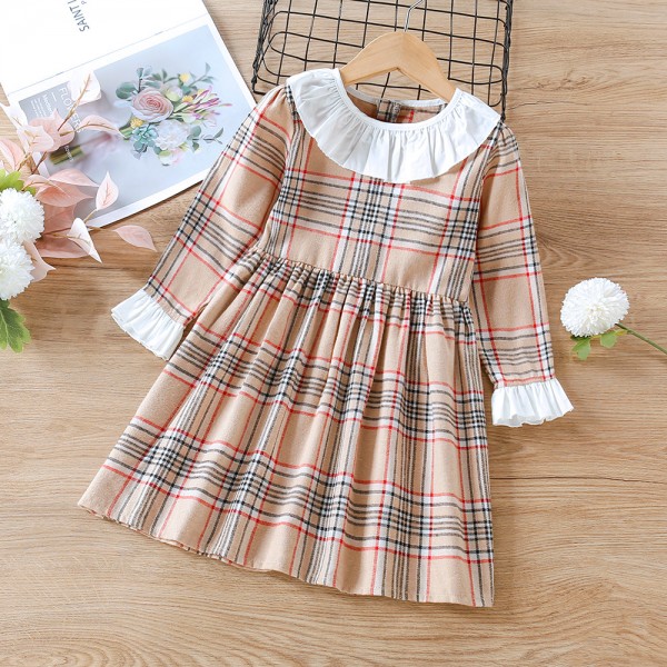 EW foreign trade children's wear 2021 autumn new girl's sweet Christmas doll collar Plaid Dress q534