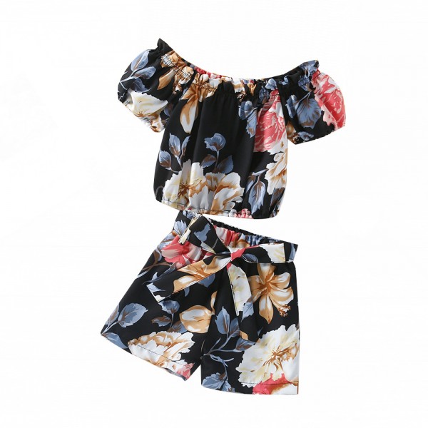 EW foreign trade children's wear 2021 summer new girls' printed Top + bow shorts two piece set tz277