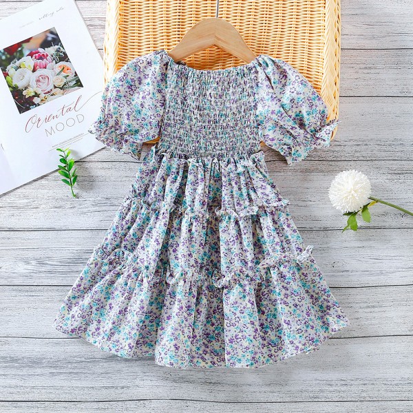 EW foreign trade children's 2021 summer new Korean Short Sleeve One Shoulder floral dress q703