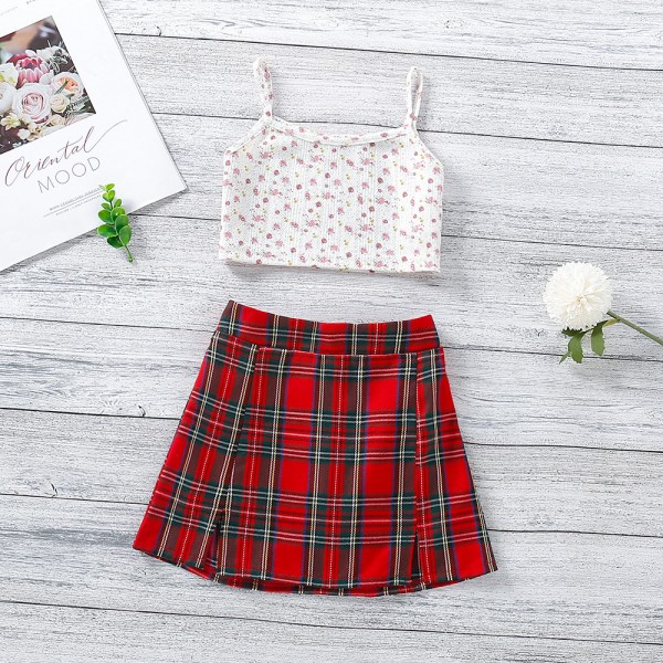 EW foreign trade children's clothing 2021 summer new girls lovely floral suspender Top + plaid skirt tz268