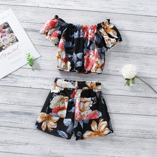 EW foreign trade children's wear 2021 summer new girls' printed Top + bow shorts two piece set tz277
