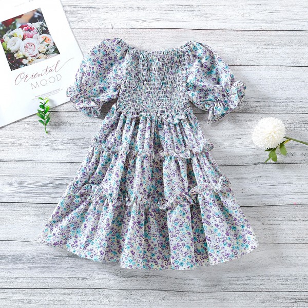 EW foreign trade children's 2021 summer new Korean Short Sleeve One Shoulder floral dress q703