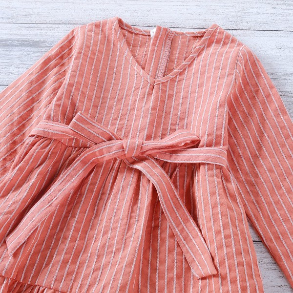 EW foreign trade children's wear 2021 spring and autumn new waist bow striped dress q531