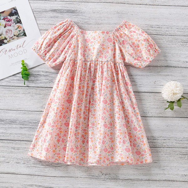 EW foreign trade children's wear 2021 new girls summer floral bow waist dress q705