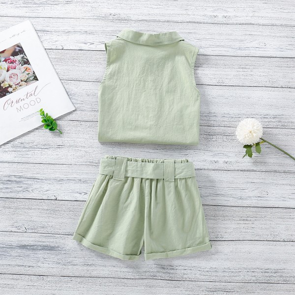 EW foreign trade children's wear 2021 summer new girls' Korean shirt collar sleeveless solid color shorts two piece set tz75