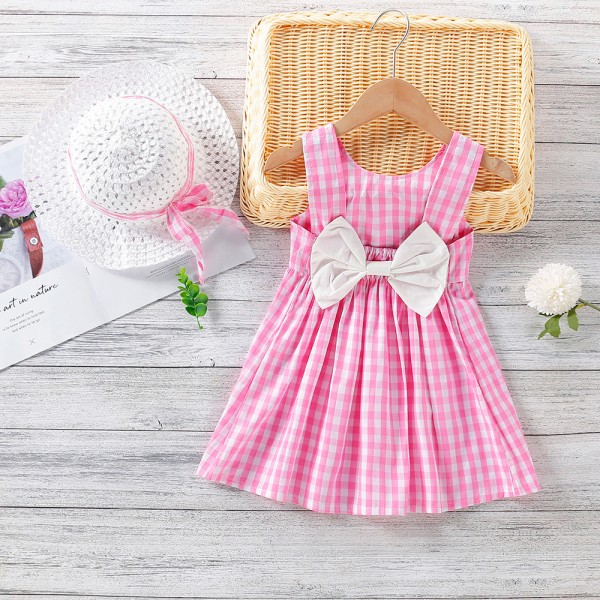 EW foreign trade children's summer wear 2021 new girl's bow Plaid Dress with hat cx49-5