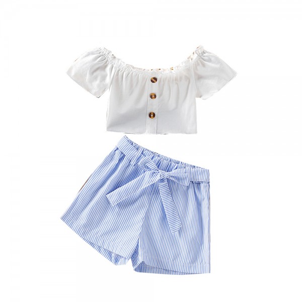 EW foreign trade children's wear 2021 summer new girls' Short Sleeve Top + striped shorts two piece set tz284