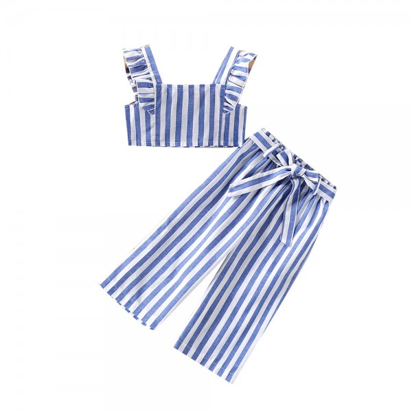 EW foreign trade children's 2021 summer new striped shoulder top + striped trousers two piece suit tz267