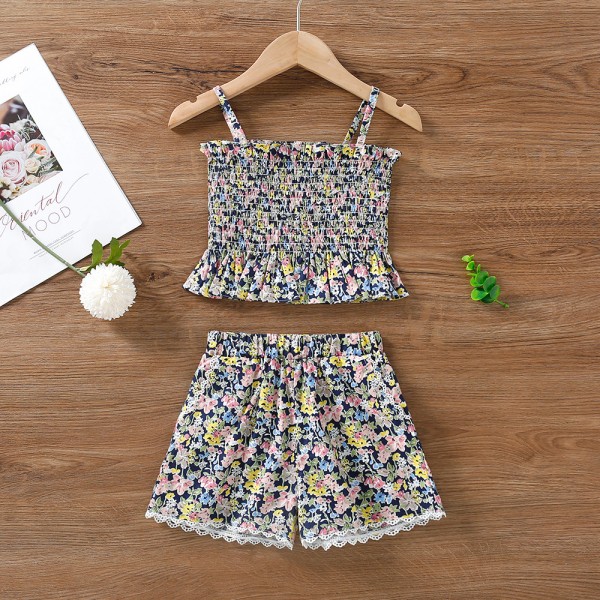 EW foreign trade children's wear 2021 summer wear new girls' fresh floral suspender Top + High Waist Shorts tz241