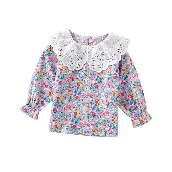 EW foreign trade children's wear 2021 spring and summer new Korean small fresh broken flower baby collar embroidery hollow out top sy11