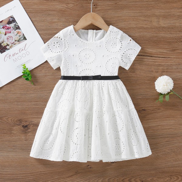 EW foreign trade children's wear 2021 summer wear new white hollow out embroidered girl's dress q711