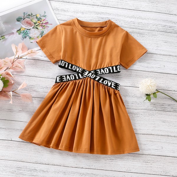 EW foreign trade children's wear 2021 summer new girls' open waist letter lace dress q996-8