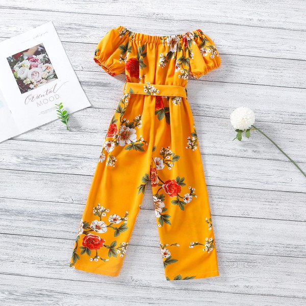 EW foreign trade children's wear 2021 summer wear new girl's European and American style printed off shoulder one piece wide leg pants k114