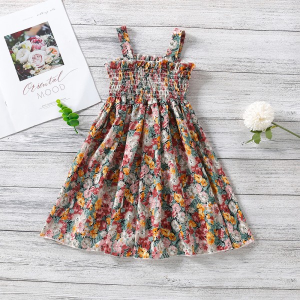 EW foreign trade children's wear 2021 summer new girls' wear floral suspender waist dress Q701