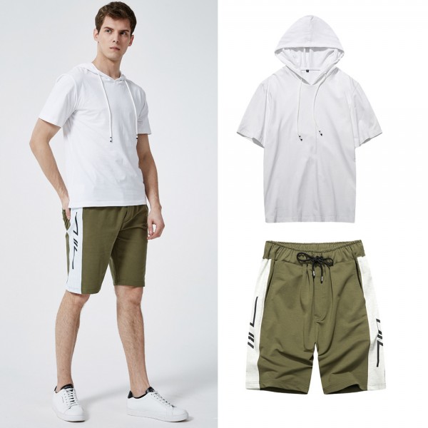 Men's two piece suit 2021 summer new sweater men's short sleeve trend hooded Casual Short Sleeve shorts men's suit