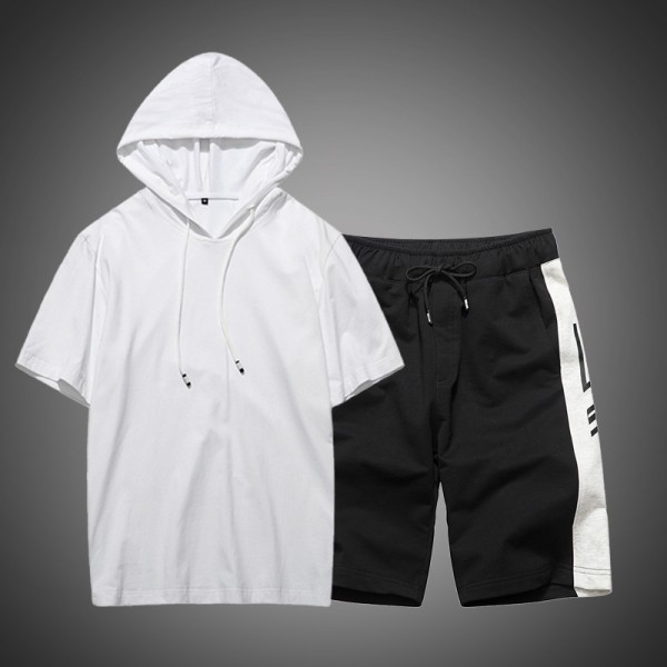 Men's two piece suit 2021 summer new sweater men's short sleeve trend hooded Casual Short Sleeve shorts men's suit