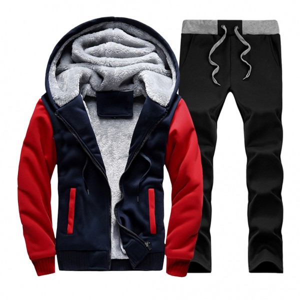 Men's autumn and winter Plush cardigan Hooded Sweater straight pants two piece set contrast color sweater loose sports man