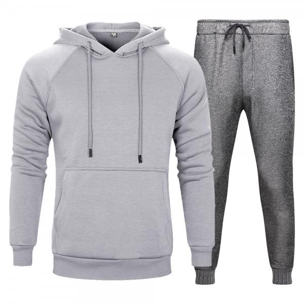 Autumn and winter two piece solid kangaroo pocket hooded solid loose sports pants men's wear