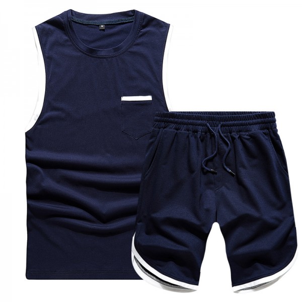 Men's spring and summer sports suit cuffs contrast color sleeveless small pocket vest Capris men's sports suit