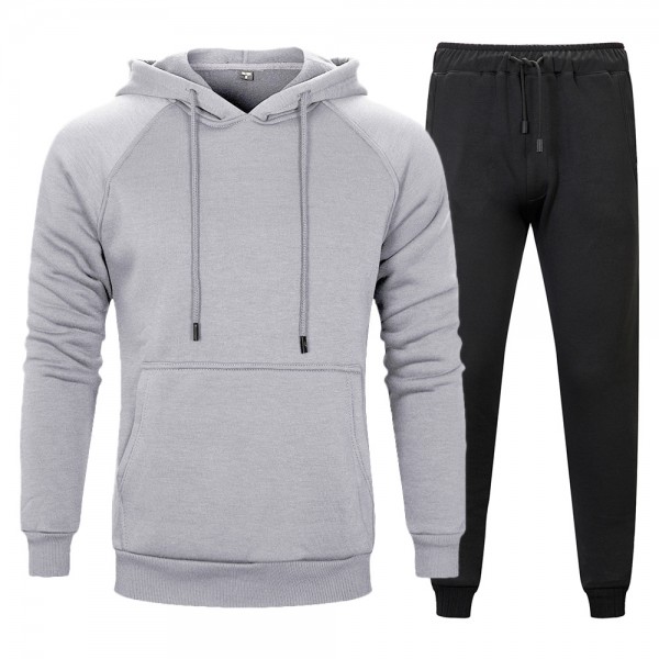 Autumn and winter two piece solid kangaroo pocket hooded solid loose sports pants men's wear