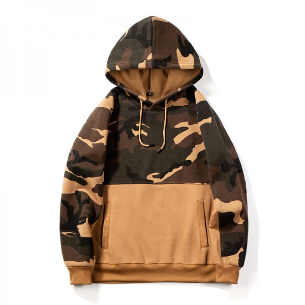 2021 Amazon new large size camouflage stitched Sweater Hoodie men's sweater large pocket stitched jacket