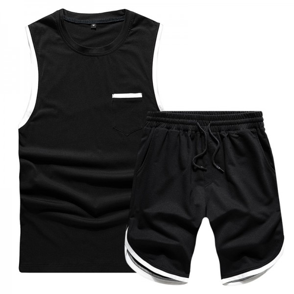 Men's spring and summer sports suit cuffs contrast color sleeveless small pocket vest Capris men's sports suit