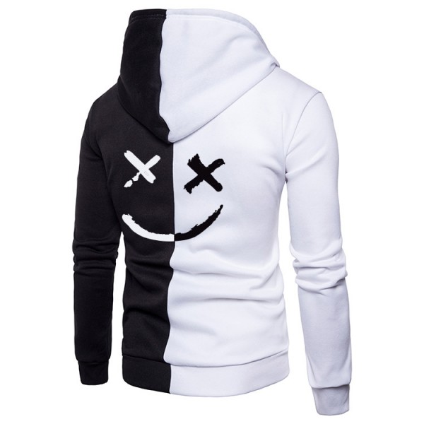 European cross border new casual men's Hooded Sweater men's color matching zipper smiling face print coat large