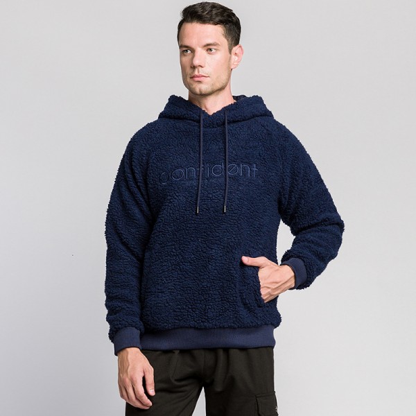 Amazon winter lamb wool sweater fashion solid color Pullover Hooded Sweater big pocket men's new Drawstring