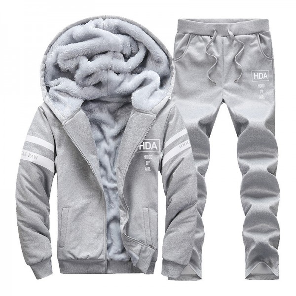 New leisure Plush sweater youth sports solid color suit winter stand collar zipper cardigan men's two piece suit