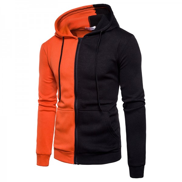 European cross border new casual men's Hooded Sweater men's color matching two color zipper tied Jacket Large