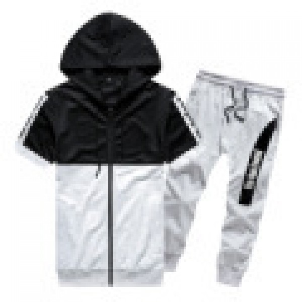 Hooded short sleeve 2-piece cardigan zipper hooded contrast short T-shirt English Print Capris men's sports fashion