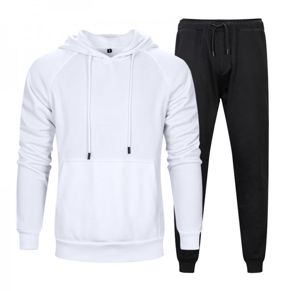 Autumn and winter two piece solid kangaroo pocket hooded solid loose sports pants men's wear