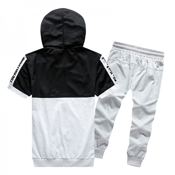 Hooded short sleeve 2-piece cardigan zipper hooded contrast short T-shirt English Print Capris men's sports fashion