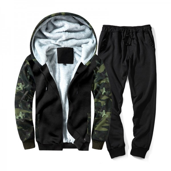Autumn and winter thickened long sleeve sweater suit men's camouflage cardigan contrast color Hooded Sweater two piece tie leg trousers