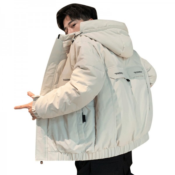 Europe station thickened loose short hooded jacket men's 2019 new white down brand down jacket for men