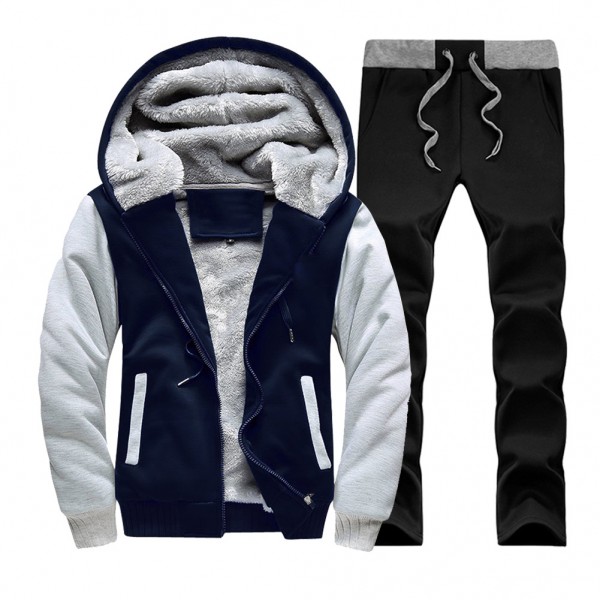 Men's autumn and winter Plush cardigan Hooded Sweater straight pants two piece set contrast color sweater loose sports man