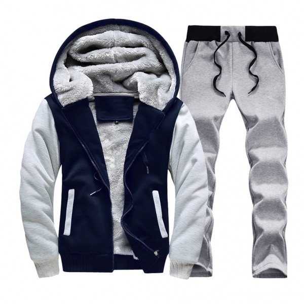 Men's autumn and winter Plush cardigan Hooded Sweater straight pants two piece set contrast color sweater loose sports man