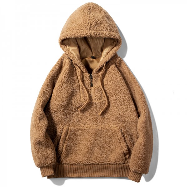 Amazon winter lamb wool sweater fashion solid color Pullover Hooded Sweater big pocket men's new Drawstring