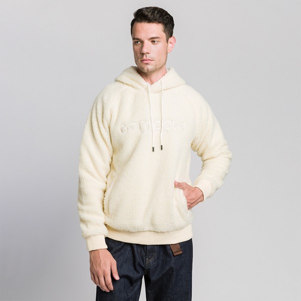 Amazon winter lamb wool sweater fashion solid color Pullover Hooded Sweater big pocket men's new Drawstring