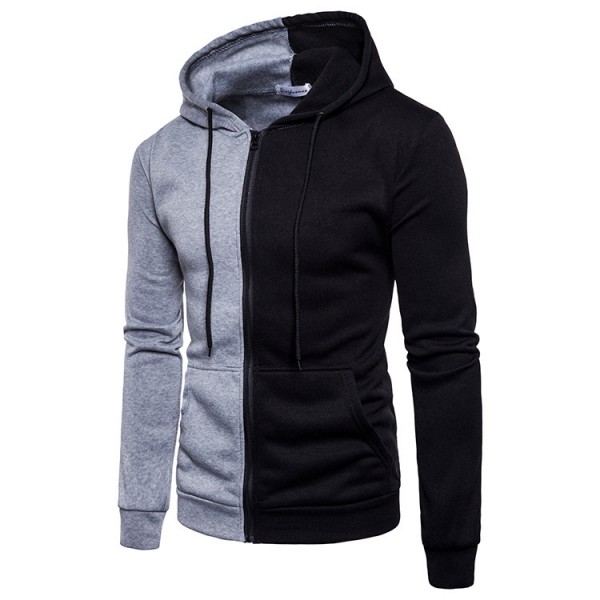 European cross border new casual men's Hooded Sweater men's color matching two color zipper tied Jacket Large