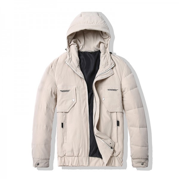 Europe station thickened loose short hooded jacket men's 2019 new white down brand down jacket for men