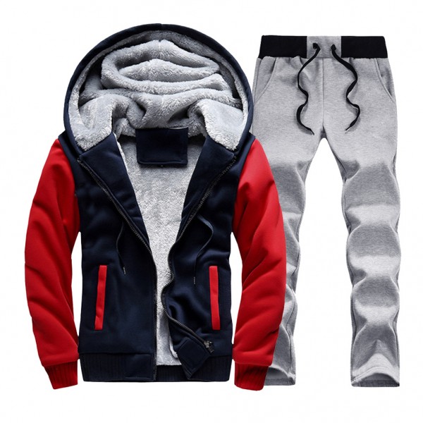 Men's autumn and winter Plush cardigan Hooded Sweater straight pants two piece set contrast color sweater loose sports man