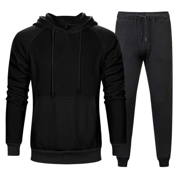 Autumn and winter two piece solid kangaroo pocket hooded solid loose sports pants men's wear