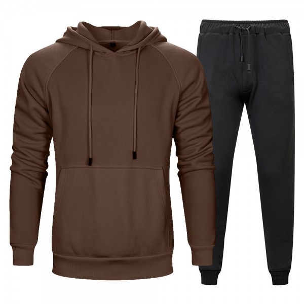 Autumn and winter two piece solid kangaroo pocket hooded solid loose sports pants men's wear
