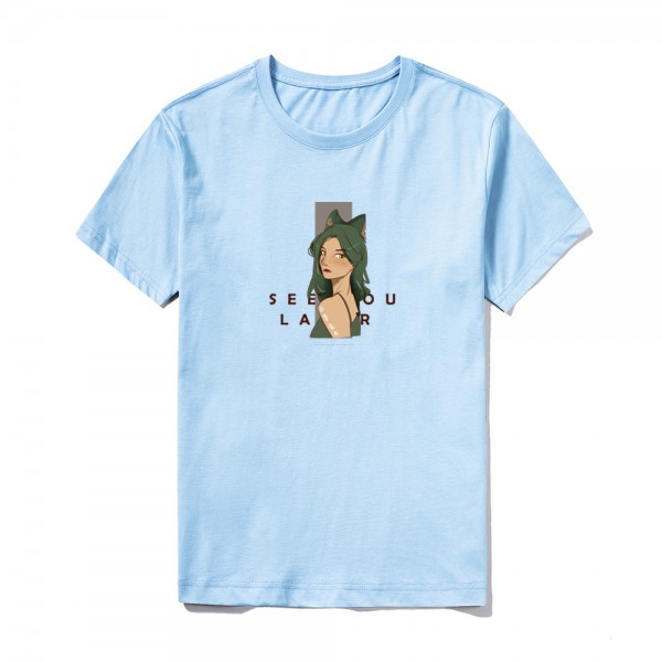 2021 summer Amazon logo custom short sleeve top large round neck solid fox girl print T-shirt