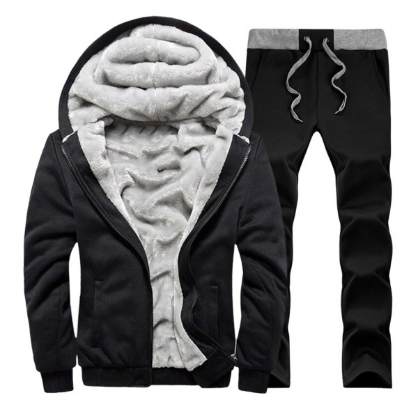 Autumn and winter long sleeve sweater two piece set Plush thickened solid color cardigan Hooded Sweater contrast waist straight pants