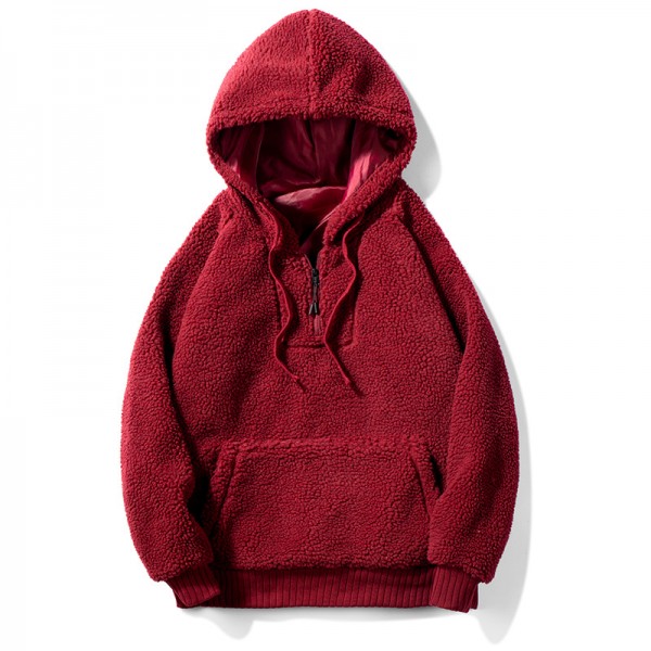 Amazon winter lamb wool sweater fashion solid color Pullover Hooded Sweater big pocket men's new Drawstring
