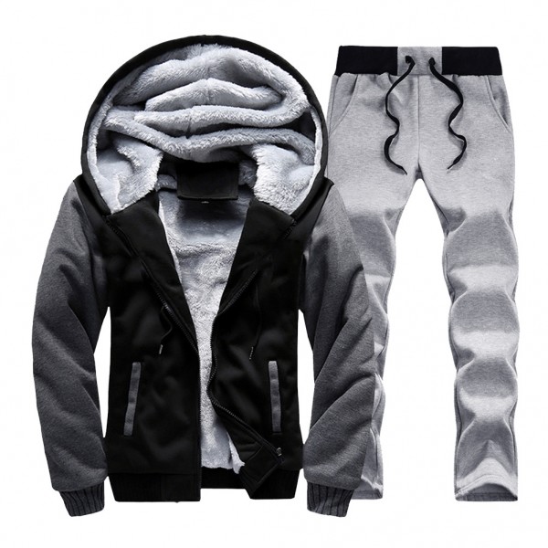 Men's autumn and winter Plush cardigan Hooded Sweater straight pants two piece set contrast color sweater loose sports man