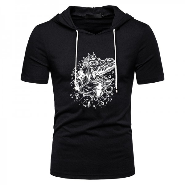 Summer new printed t-shirt men's solid color hooded T-shirt European and American Short Sleeve leisure printed DIY couple top